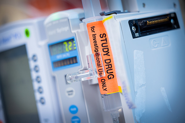 Clinical study medication label on infusion pump machine